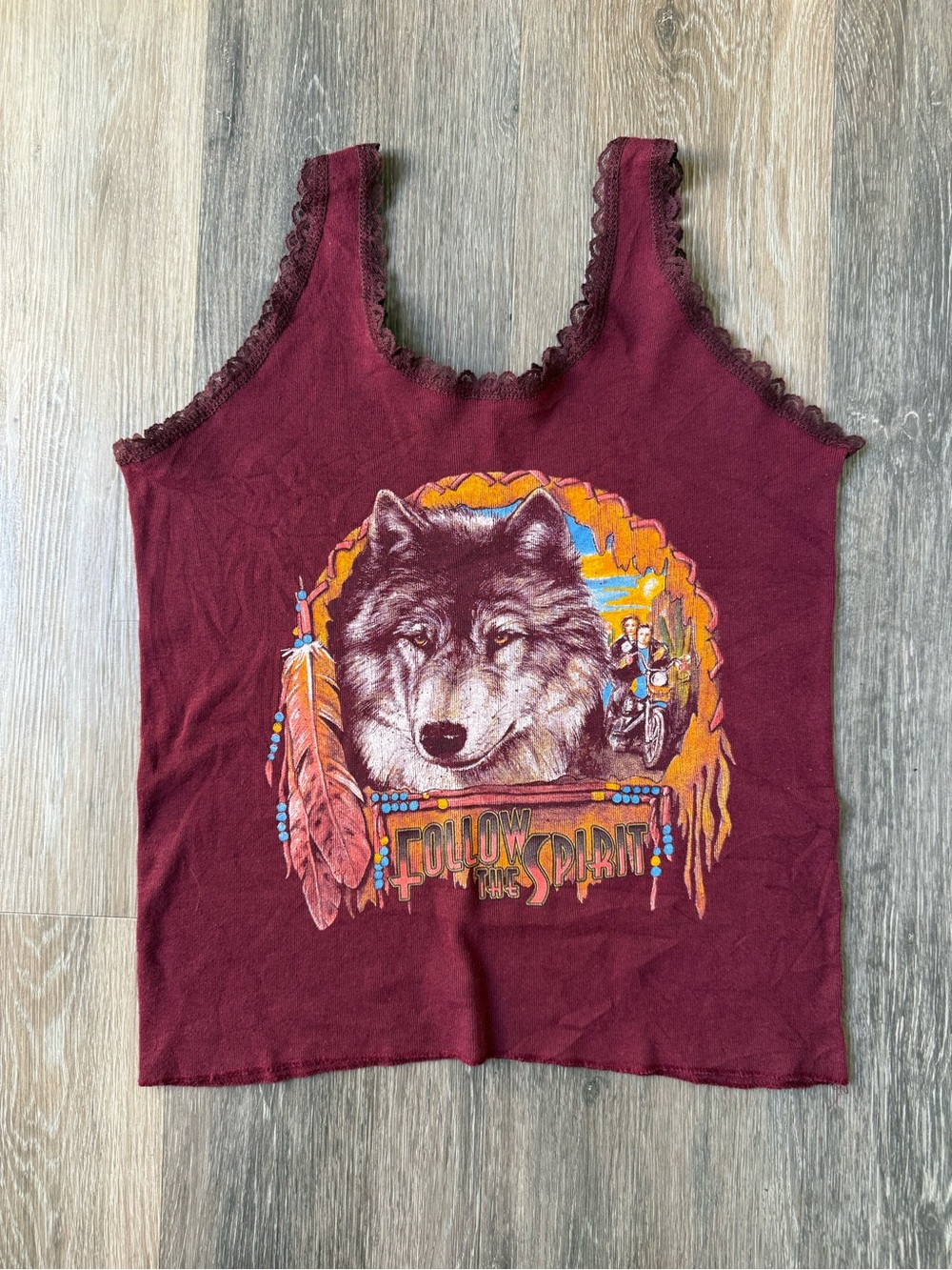 Vintage 80s 3D Emblem Wolf Graphic Lace-Trim Tank Top Motorcycle